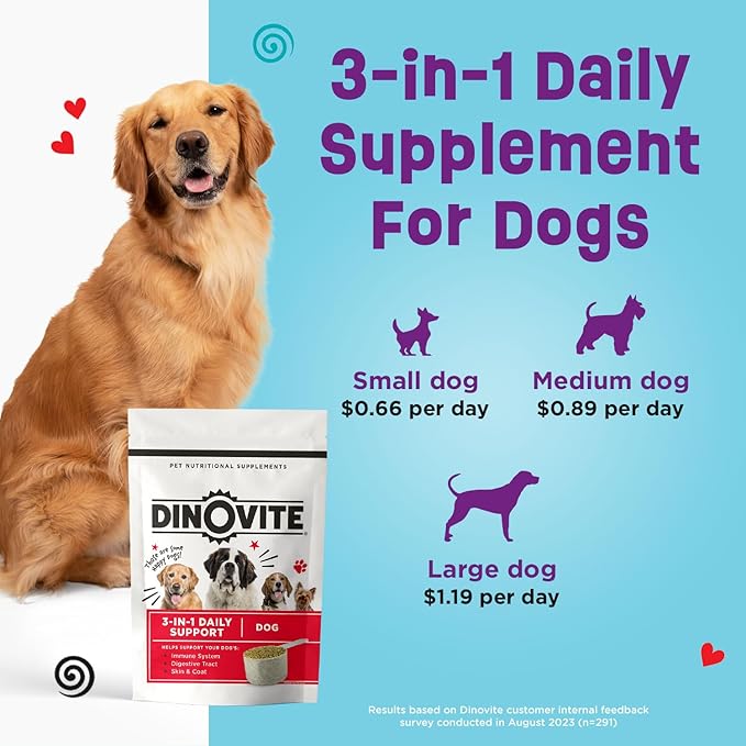 Dinovite 3 in 1 Probiotic for Medium Dogs, Skin & Coat, Digestive Health & Joint Relief, Dog Food Toppers, Immune Support, Allergy Relief & Itch Relief Skin Care, 30 Servings (18-45lb)
