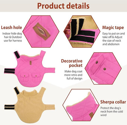 Winter Coat for Small Dogs, Puppy Plaid Jacket, Cotton Coat for Cold Weather, Windproof Warm Dog Garments, Pet Thickened Outfits Indoor Outdoor, Pink S