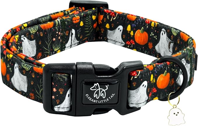 Elegant little tail Halloween Dog Collar, Pumpkin with Ghost Print Black Halloween Pet Collars Cotton Soft Sturdy Puppy Collars Holiday Female Adjustable Collar for Medium Dogs