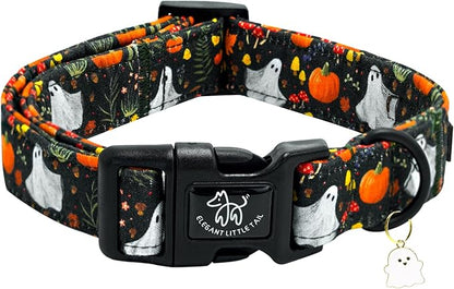 Elegant little tail Halloween Dog Collar, Pumpkin with Ghost Print Black Halloween Pet Collars Cotton Soft Sturdy Puppy Collars Holiday Female Adjustable Collar for Medium Dogs