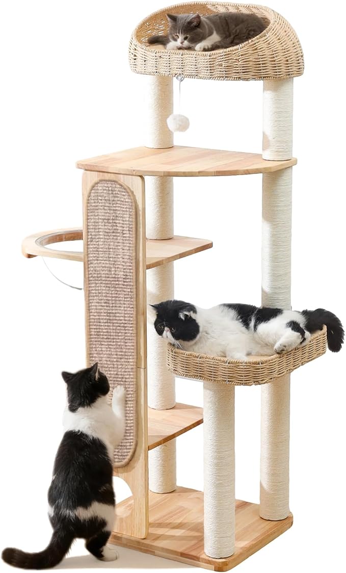 59-inch Cat Tree，Cat Tower with Scratching Post,Extra Long Sisal Blanket, Handwoven Basket & Space Capsule Nest