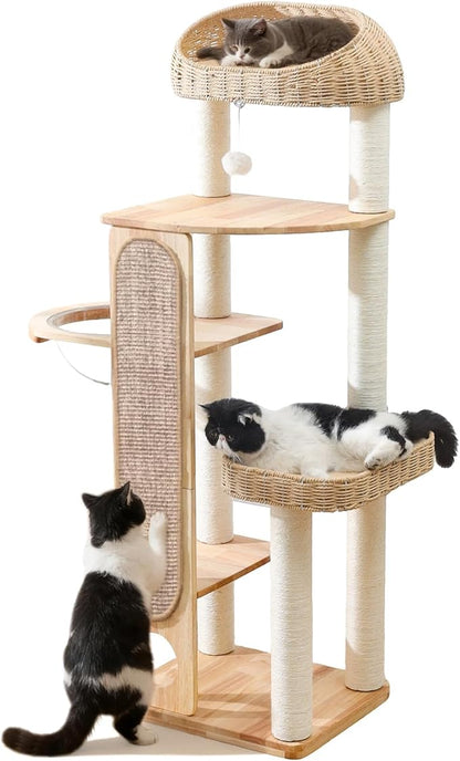 59-inch Cat Tree，Cat Tower with Scratching Post,Extra Long Sisal Blanket, Handwoven Basket & Space Capsule Nest