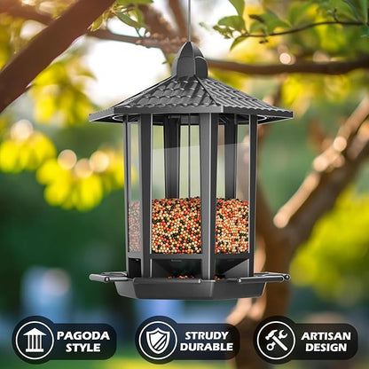 Birdream Hanging Bird Feeders, Retro Pagoda Design Fun Installation Squirrel Proof Bird Feeders, Attracting Wild Birds Chickadees Goldfinches Cardinals Finches and Sparrows - Black