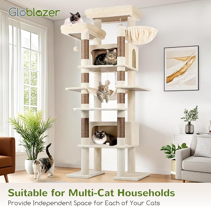 Globlazer XXL Giant Cat Tree, 83 Inch Heavy Duty Tall Cat Tower for Indoor Cats Large Adult, Multi-Level Large Cat Condo with 8 Scratching Posts, Hammock, 2 Cat Caves, 2 Platform, F83B, Beige