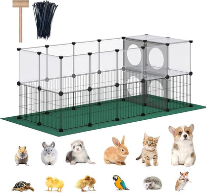 DINMO Small Animal Playpen with Oxford Mat, 24 inches Height, Pet Exercise Fence, Home Protector, Iron Mesh and Plastic Combination, Visualization, DIY, Games Hole Series, 60.2 x 24.8 x 24.8inch