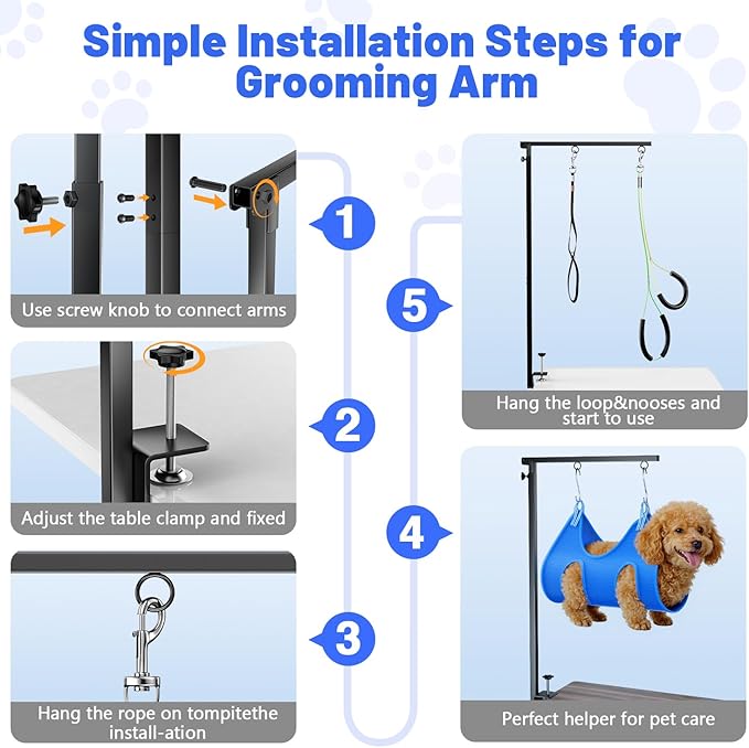 AUORC Dog Grooming Arm with Hammock, Adjustable 26"-38" Foldable Grooming Table Arm with Clamp & 2 No-Sit Holders, Heavy Duty for Small & Medium Dogs, Includes Nail Clippers (Table Not Included)