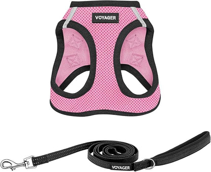 Voyager Step-in Air All Weather Mesh Harness and Reflective Dog 5 ft Leash Combo with Neoprene Handle, for Small, Medium and Large Breed Puppies by Best Pet Supplies - Pink Base,M