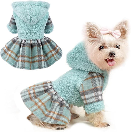 Dog Hoodie Dress Winter Pet Sweaters for Small Dogs Girl Cold Weather Warm Puppy Dresses Plaid Pet Clothes Outfits for Chihuahua Yorkie Teacup Cat Skirt Coat Apparel Clothing (Small, Blue)