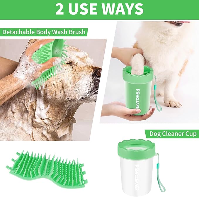 Professional 7 in 1 Dog Paw Cleaner for Dogs - Includes 1 Portable Paw Washer, 1 Bath Brush, 2 Dog Toothbrushes and 3 Absorbent Towels Note: Fits Paws 1.5 to 2.5 Inches Wide (Medium, Light Green)