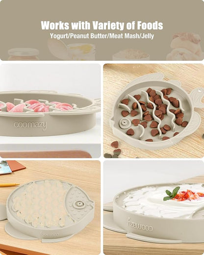 Coomazy 2-in-1 Silicone Slow Feeder Dog Cat Bowls, Lick Mat Interactive Puzzle Toy for Pets Food Training, Keeps Dogs Cats Busy, Prevents Puppy Kitty Overeating (Beige, 1.2 Cup)
