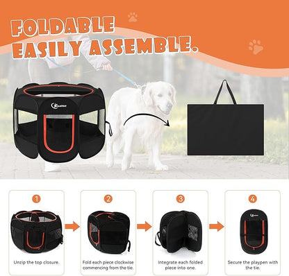 Dog Playpen, Medium Puppy Pet Playpen, Dog Crate Tent Cage Indoor/Outdoor, Portable Pop Up Dogs Kennel Playpen with Carrying Case for Dogs/Cats/Rabbitss, Black