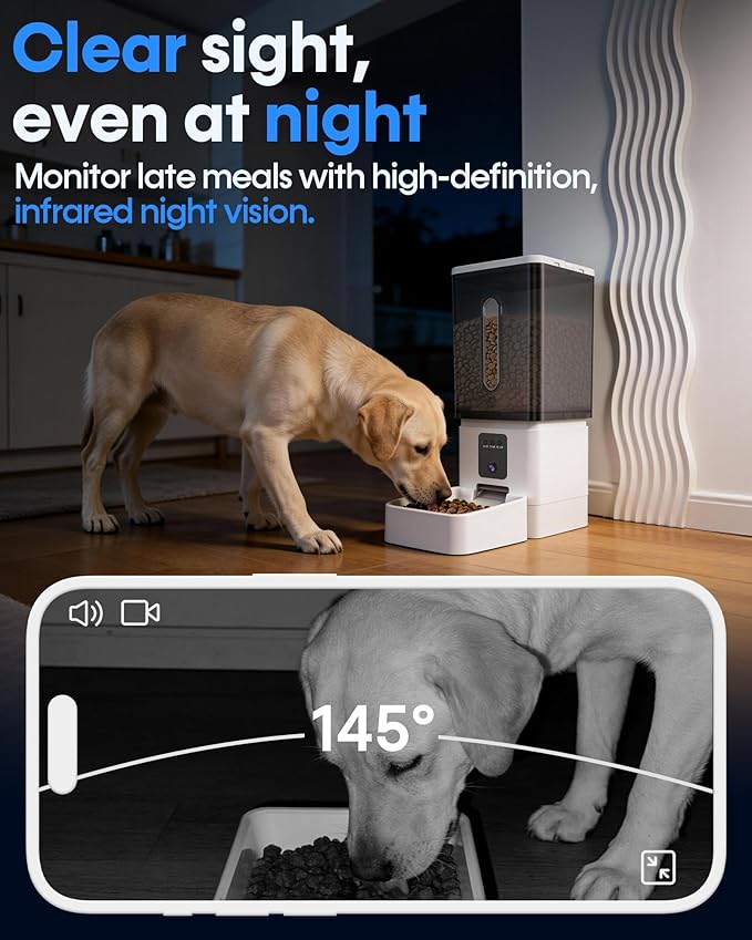 Large Dog Automatic Feeder with Camera: 12L/50 Cups Home Smart Dog Feeder for 20 Days Feeding - Anti-Clog with 20mm Wide Chute for Big Breed Owner