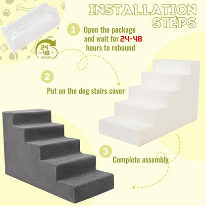 Niubya Dog Stairs for Small Dog and Cats,23”H Non-Slip Bottom Pet Steps for High Beds and Couch,High-Density Foam Pet Stairs Grey,5 Steps