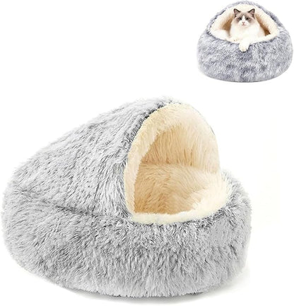 Nest Bed, Round Plush Hooded Cat Cave, Covered Cat Bed for Indoor, Warm Plush Cave Style Cats House with Hood, Anti-Slip, Cozy Winter Sherpa Lounger for Cats and Small Puppies
