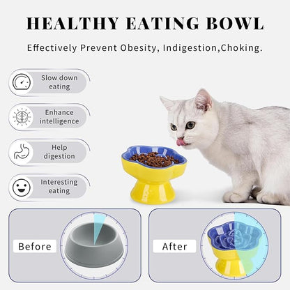 S&Q's CERAMICS Raised Slow Feeder Cat Bowl, Ceramic Elevated and Titled Pet Food Bowl, Small Dogs Slow Feeder, Flower Shaped Dish for Dry and Wet Food (Blue, 5.8")