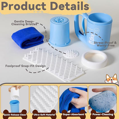 Small Pet Paw Cleaner Cup - Easy Press Design Dog Foot Washer with Soft Massage Brush & Absorbent Towel - Reusable Durable Paw Cleaning Cup for Dogs Cats, Easy to Clean Handheld Bath Tool