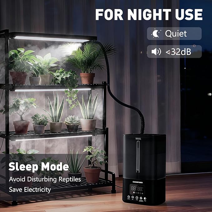 Coospider Reptile Fogger Terrariums Humidifier, Top Fill Cool Mist, Automatic Reptile Mister with Dual Hose, Timer, Humidity Control for Reptile Mister for Amphibians Herps Vivarium (5L/1.32GAL)
