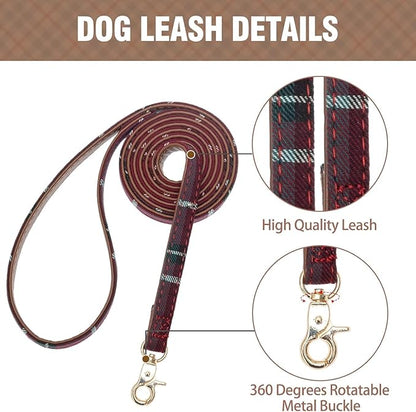 KOOLTAIL Small Dog Collar and Leash Set with Bowtie and Bells - Puppy Collar and Leash for Female with Classic Plaid Matching Pattern, Soft Leather Tangle Free Leashes for Small Dogs Boys Girls, Red