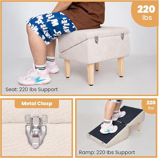 3-in-1 Dog Ramp with Storage – Pet Stairs for Dogs & Cats, Easy on Joints for Senior & Injured Pets, Hidden Storage Footstool, Anti-Slip, Supports 220 lbs, 18" High for Beds & Sofas