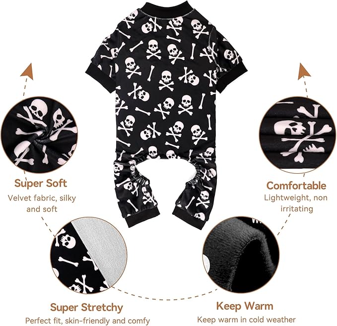Dog Pajamas Halloween Dog Costume Short Plush Pet Pjs Skull&Crossbones Super Soft and Stretchy Pet Jammies for Small Dogs (S)