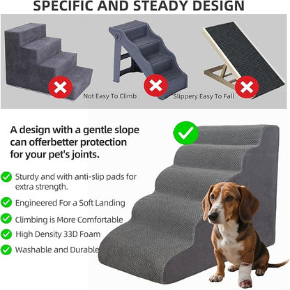 5 Step Pet Stairs Ramp for High Beds Sofas 23-30 Inch with Sturdy Non Slip Waterproof Pads, Machine Washable Cover Indoor Balanced Design for Cats Dogs Small Medium Large XL Pets Grey Large