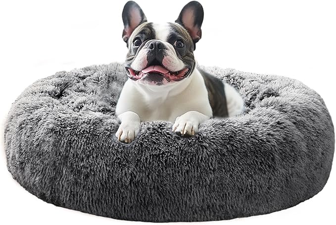 JOLLYVOGUE Small Dog & Cat Beds for Indoor Cats, Donut Cuddler Warming Soft Dog Beds with Anti-Slip Bottom, Round Calming Fluffy Plush Faux Fur Cushion Bed for Medium Dogs (31", Smoke Black)