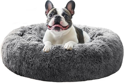 JOLLYVOGUE Small Dog & Cat Beds for Indoor Cats, Donut Cuddler Warming Soft Dog Beds with Anti-Slip Bottom, Round Calming Fluffy Plush Faux Fur Cushion Bed for Medium Dogs (31", Smoke Black)