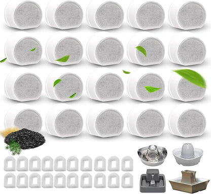 24/40 Pcs Replacement Carbon Charcoal Filters Dog and Cat Water Fountain Compatible with Multiple Pet Fountains. (20 Carbon Filters+ 20 Sponges)