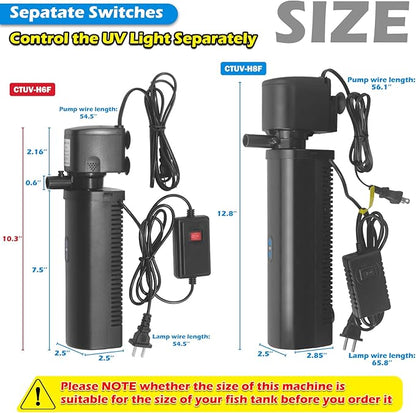 TARARIUM Aquarium Filter U-V for 20-75 Gallon, 200GPH Fish Tank Filter w/ 5W U-V Light Green Clean Machine Submersible Powerful Pump Internal Filter for Turtle Tank Saltwater Freshwater Crystal Clear