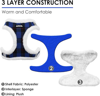 AIITLE Plush Reflective Dog Harness and Leash Set - Plaid Pattern, Warm, Soft, No-Pull, Secure with Hook & Loop Fastener, Adjustable with Padded Interior for Small Dogs (Blue, XXS)