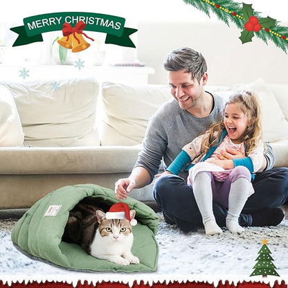 Cat Sleeping Bag,Linen Fabric Cat Bed Cave Leaf Nest Pet Cuddle Zone Covered Hide Hood Burrowing Cozy Soft Durable Washable with Non-Slip Bottom for Indoor Puppy and Kitten (Green)