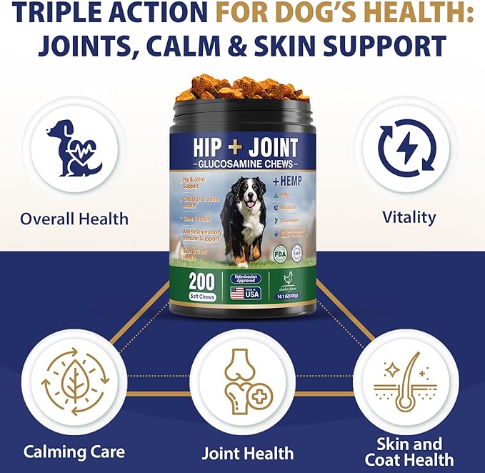Hip and Joint Supplement for Dogs 200 Hemp Dog Calming Chews with Glucosamine, Chondroitin, Msm, Omega3, Melatonin for Senior Dogs Anxiety Pain Relief Anti Inflammatory Small/Medium/Large Dog -Chicken