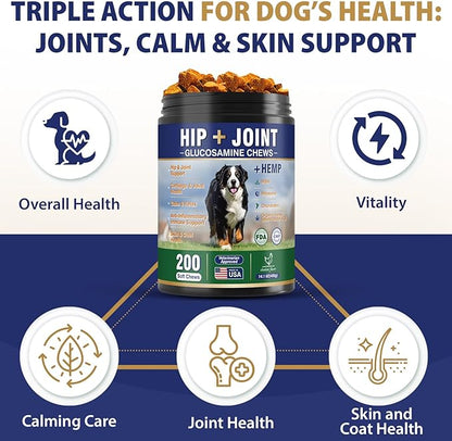 Hip and Joint Supplement for Dogs 200 Hemp Dog Calming Chews with Glucosamine, Chondroitin, Msm, Omega3, Melatonin for Senior Dogs Anxiety Pain Relief Anti Inflammatory Small/Medium/Large Dog -Chicken