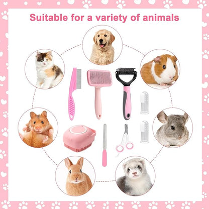 VCZONE 8 Pcs Dog Grooming Kit with Self Cleaning Tools: Nail Clipper, Flea Comb, Shampoo Brush, Shedding Brush, Dematting Comb, Silicone Toothbrush (Pink)
