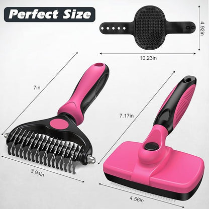 3PCS Self Cleaning Slicker Brush & Pet Grooming Rake & Bath Brush for Dogs,Cats and Horses | Double-Sided Dematting Comb & Skin Friendly Deshedding Grooming Tool | Premium Pet Supplies (Red Black)