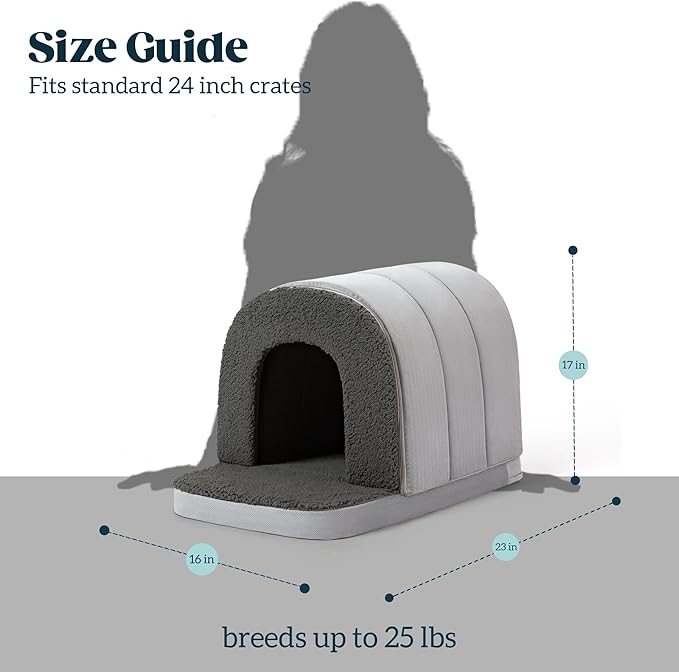 Orthopedic Dog Bed House - Dog House Indoor with Egg-Crate Foam - Tent Bed with Waterproof Lining & Nonskid Bottom, Ideal for Small Breeds & Fits 24-Inch Crate - 23"x16", Charcoal