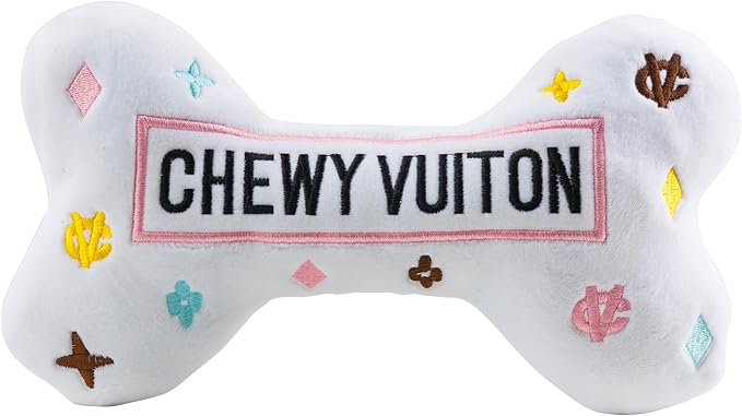 Haute Diggity Dog White Chewy Vuiton Bone, Plush Designer Dog Toys with Interactive Squeaker, Stimulating Pet Enrichment, Machine-Washable & Safe Materials for All Breeds, Size XL