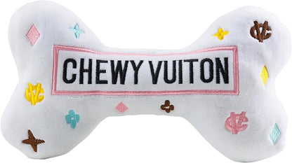 Haute Diggity Dog White Chewy Vuiton Bone, Plush Designer Dog Toys with Interactive Squeaker, Stimulating Pet Enrichment, Machine-Washable & Safe Materials for All Breeds, Size XL