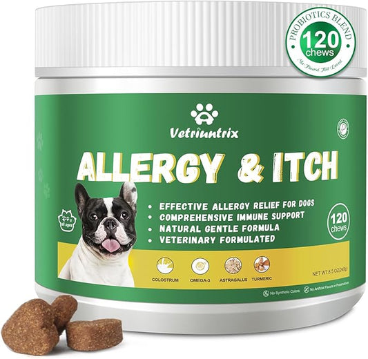 Dog Allergy Chews, Dogs Allergy Relief Chews for Paw Licking Itchy Skin Coat Supplement, Probiotics for Dogs with Colostrum Omega-3 Astragalus Immune Supplement-120ct