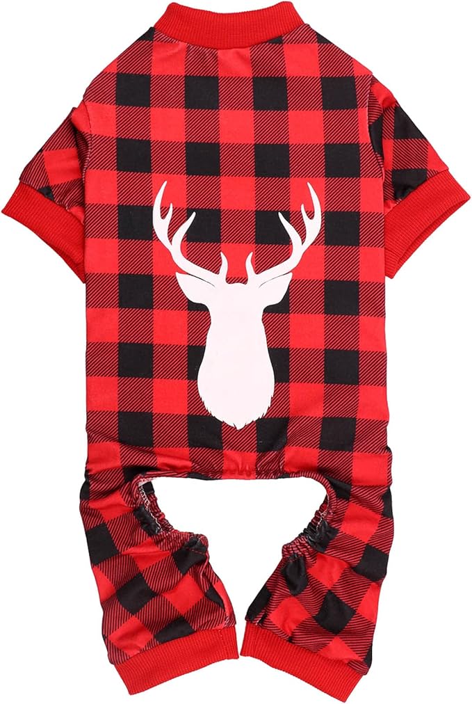 Dog Christmas Pajamas Buffalo Plaid with Reindeer Print Pet Onesie Pet Pjs Super Soft and Stretchy Dog Pajamas Medium Size Dogs(M)