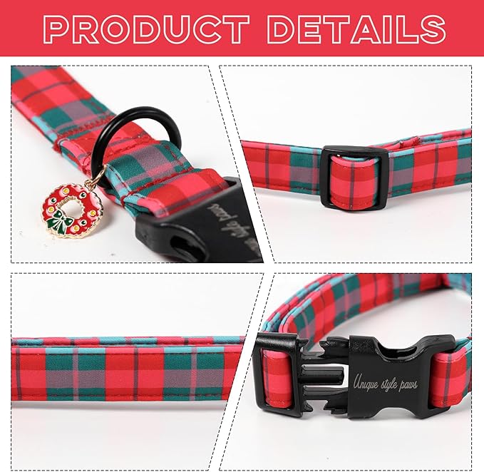 Unique Style Paws Christmas Dog Collar Plastic Buckle with Pendant Red Green Grid Cotton Puppy Collars for Small Medium Large Dogs