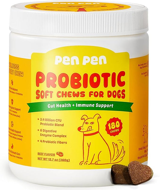 PENPEN Probiotics for Dogs, Dogs Probiotics for Digestive Health, Multi-Probiotic and Enzyme Blend Promote Gut Health & Immune Support, Eases Sensitive Stomachs - Beef Flavor, 180 Soft Chews