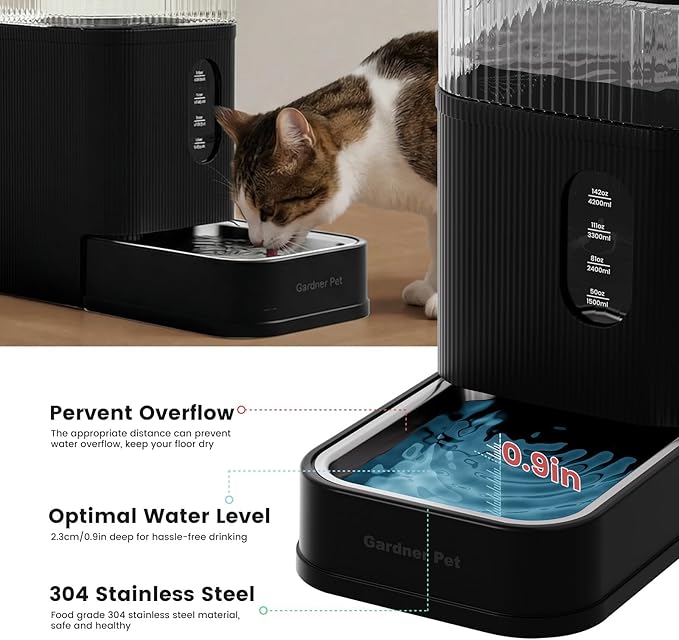 Gardner Pet 2.2 Gallon Automatic Dog Water Bowl Dispenser 8.5L Gravity Water Feeder with Stainless Steel Bowl & Maifan Stone Filter, BPA-Free for for Cats and Dogs (Black, 2.2 Gallon)
