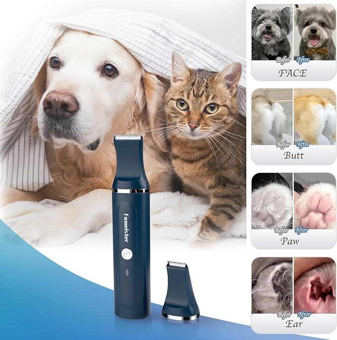 Dog Clippers for Grooming, Cordless Waterproof Dog Hair Trimmer with Type-C Charging, Low Noise for Trimming Cats & Dogs' Specific Areas Around Paws, Eyes & More (Blue)