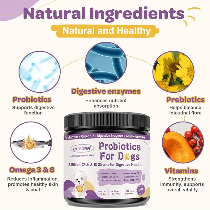 Probiotics for Dogs – 6 Billion CFUs & 10 Strains with Prebiotics, Omega-3, Digestive Enzymes & Multivitamins, Dog Probiotics for Digestive Health, Immune Support, Skin & Coat, 120 Duck Flavor Chews