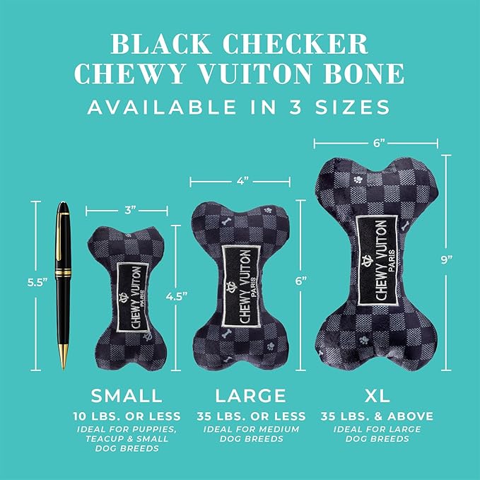 Haute Diggity Dog Black Checker Chewy Vuiton Bone, Plush Designer Dog Toys with Interactive Squeaker, Stimulating Pet Enrichment, Machine-Washable & Safe Materials for All Breeds, Size XL
