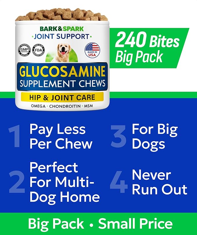 Glucosamine Chondroitin Dog Hip & Joint Supplement - Joint Pain Relief - Hip & Joint Chews for Dogs - Joint Support Large Breed - Senior Doggie Vitamin Pills Joint Health - (240 Treats - Chicken)
