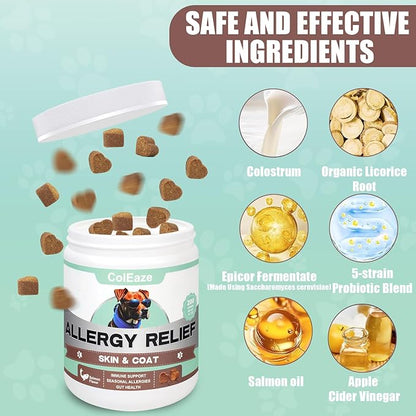 Dog Allergy Chews 200PCS Anti Itch Immune Treats Omega 3 Fish Oil Skin & Coat Supplement Dog Itching Relief with Probiotics Colostrum for Dry Skin Itching Licking Seasonal Allergies and Immune Support