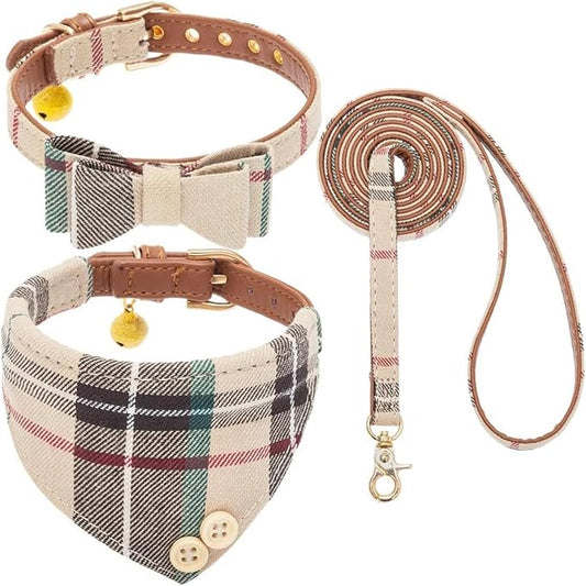 KOOLTAIL Small Dog Collar and Leash Set with Bowtie and Bells - Puppy Collar and Leash for Boy or Girl with Classic Plaid Matching Pattern, Soft Leather Tangle Free Leashes for Small Dogs,Cats,Beige