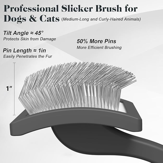 2PCS Slicker Brush for Dogs & Pet Comb,Professional Dog Grooming Brush (Goldendoodles,Poodles,Labradoodles) with Extra Long Pins to Effectively Remove Tangles, Knots and Mats (Grey, Large)